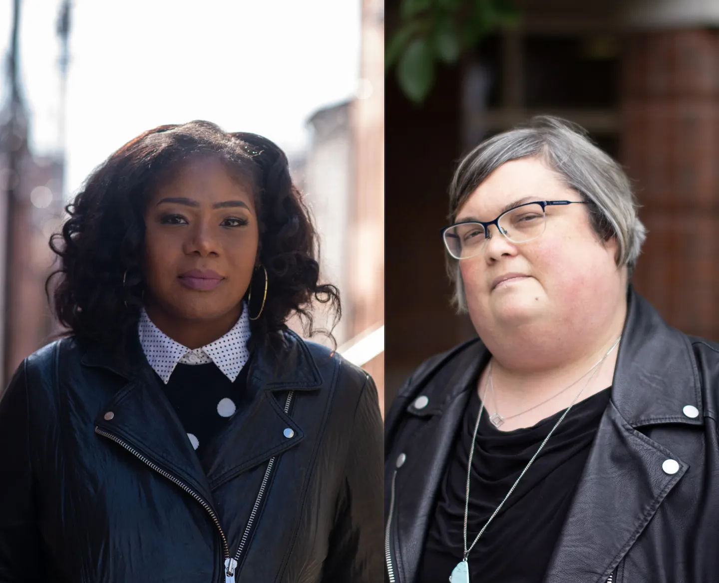 Photo portrait of the speakers. On the left is Collins-Dexter, a black women with shoulder length hair, wearing white collared shirt and blue jacket. On the right is Donovan, a white woman with short dark hair, a leather jacket black shirt.