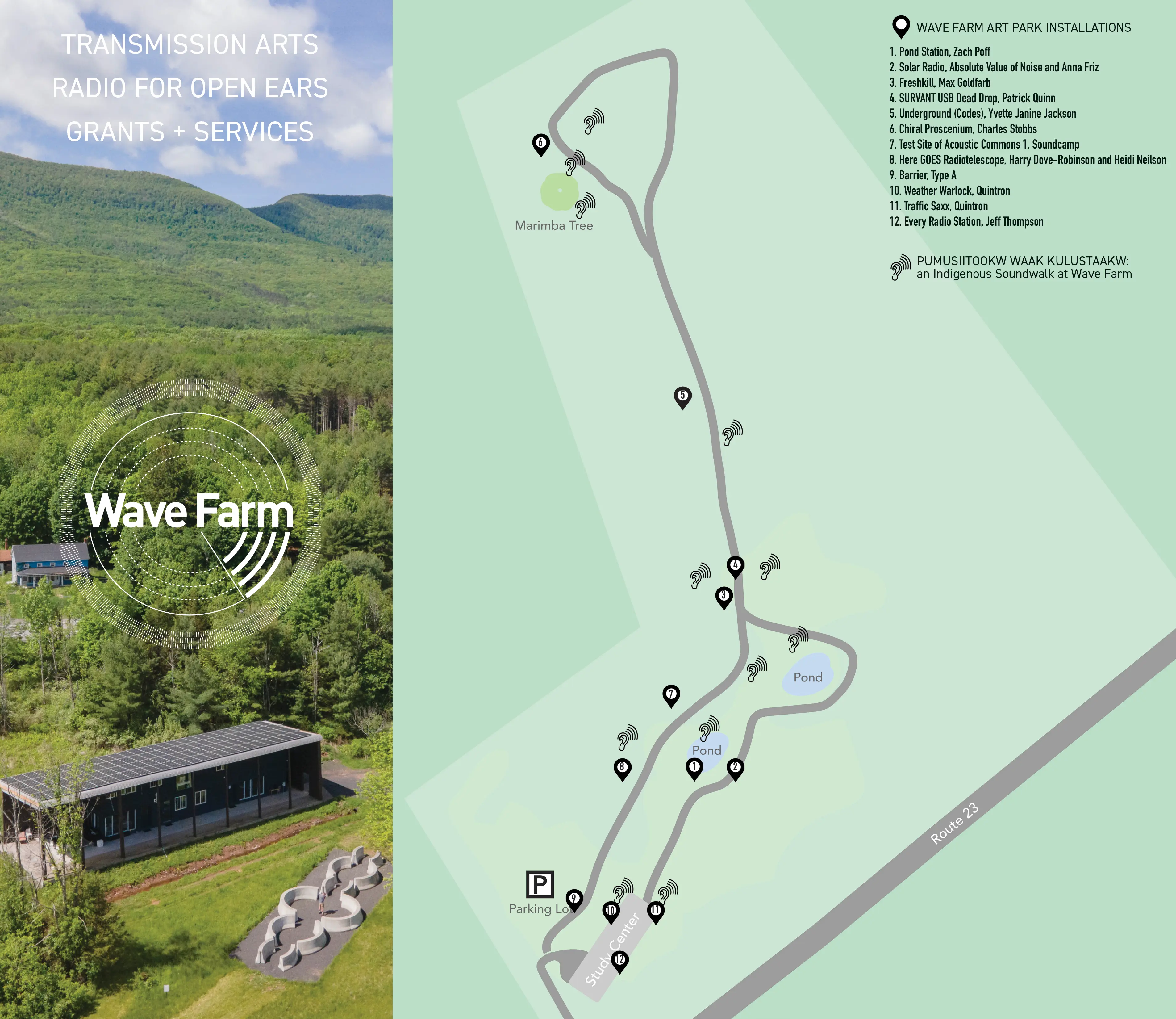 On the left side is an aerial image of Wave Farm.  On the right, is a map of the grounds including twelve sculptures and points of interest.