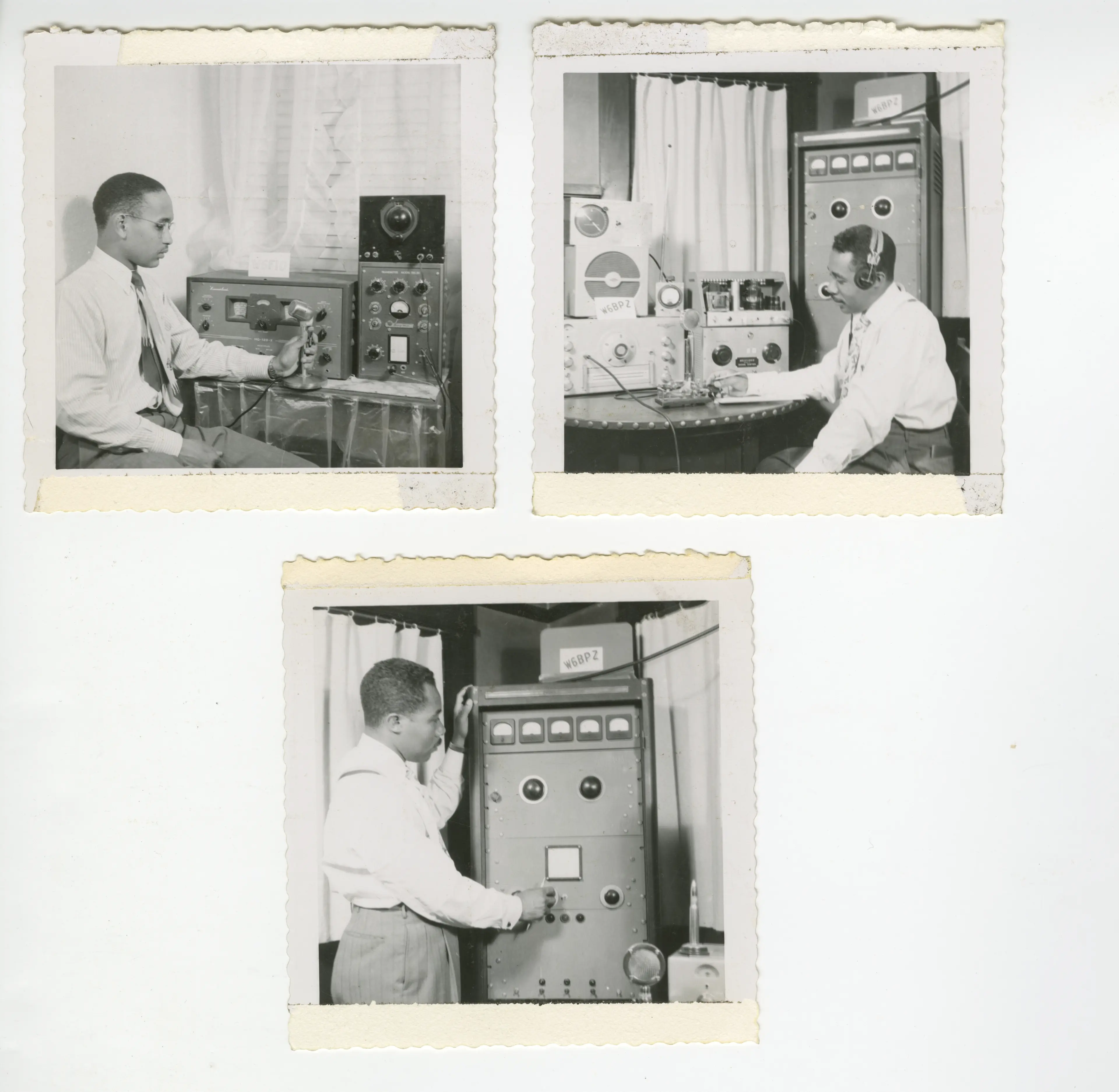 Three old black and white pictures, each with a black male radio operator with white collared shirts and a tie
