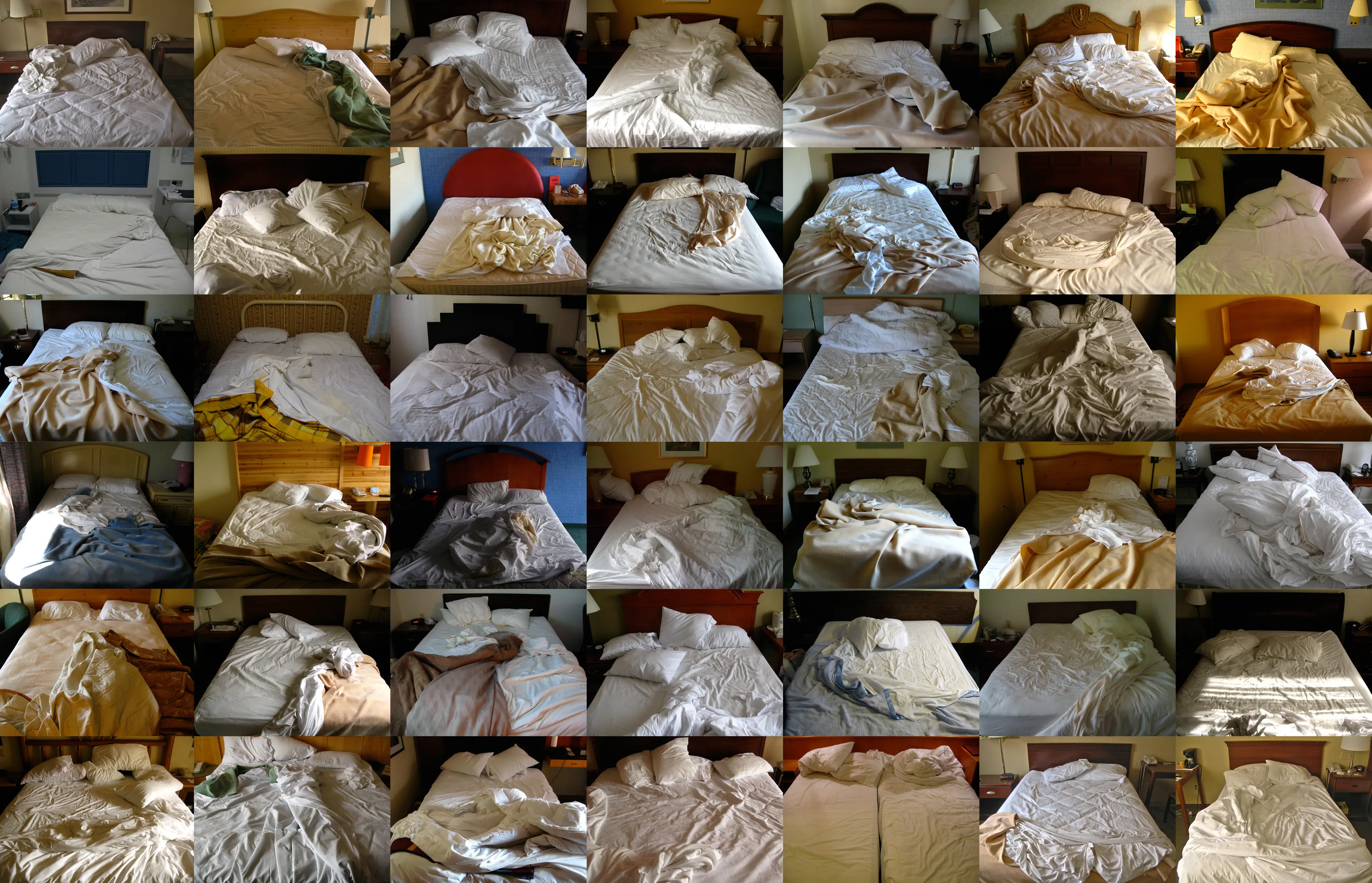 One picture composed of  30 pictures of Hasan's various hotel rooms.