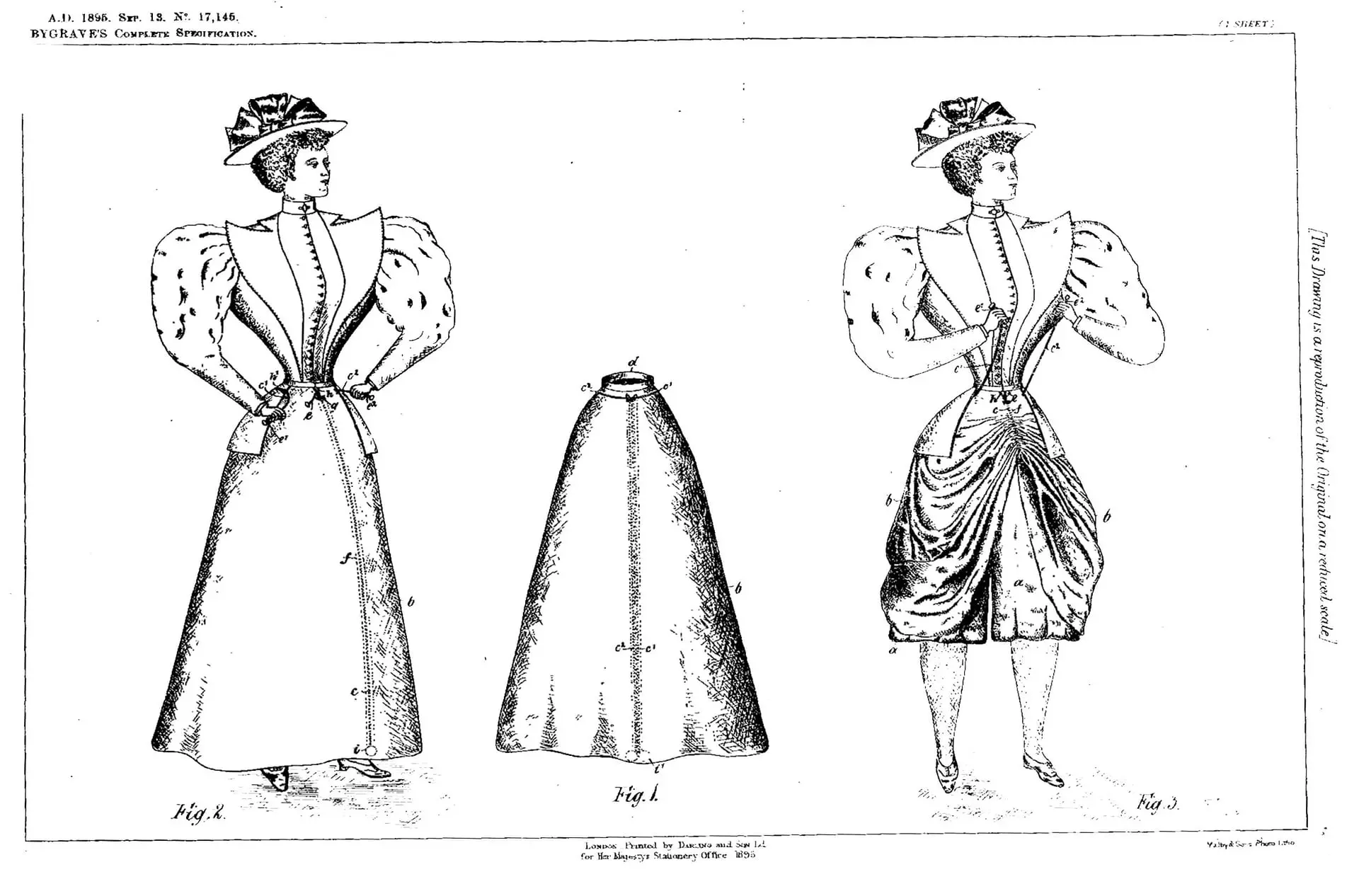 Black and white lined graphic of two figures in old victorian clothing and one dress.